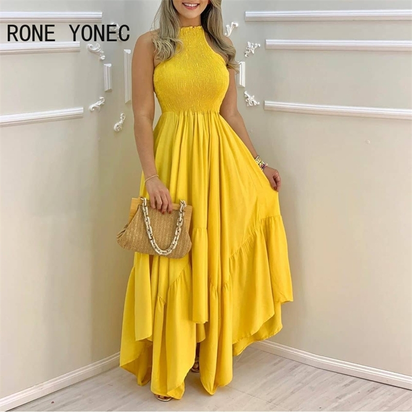 Women Elegant Dress Plain Sleeveless Ruched Maxi Pleated Dress Summer Dress 210409