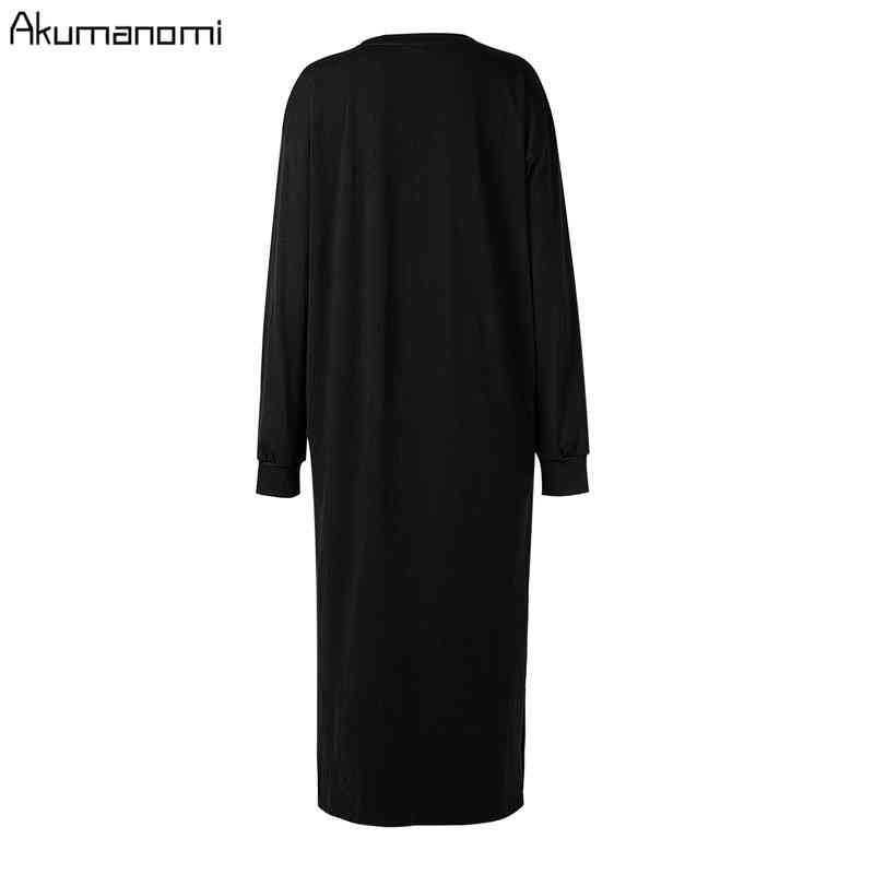 Autumn Spring Black Woman Slit Dress Cotton Plus Size 7xl 6xl 5xl 43xxl Casual Long Sleeve Maxi T Shirt Dresses Robe Femme 210409
