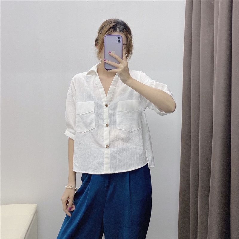 Fashion Spring Pockets Loose Linen Blouses Vintage Short Sleeve Side Vents Female Shirts Chic Tops Women 210508