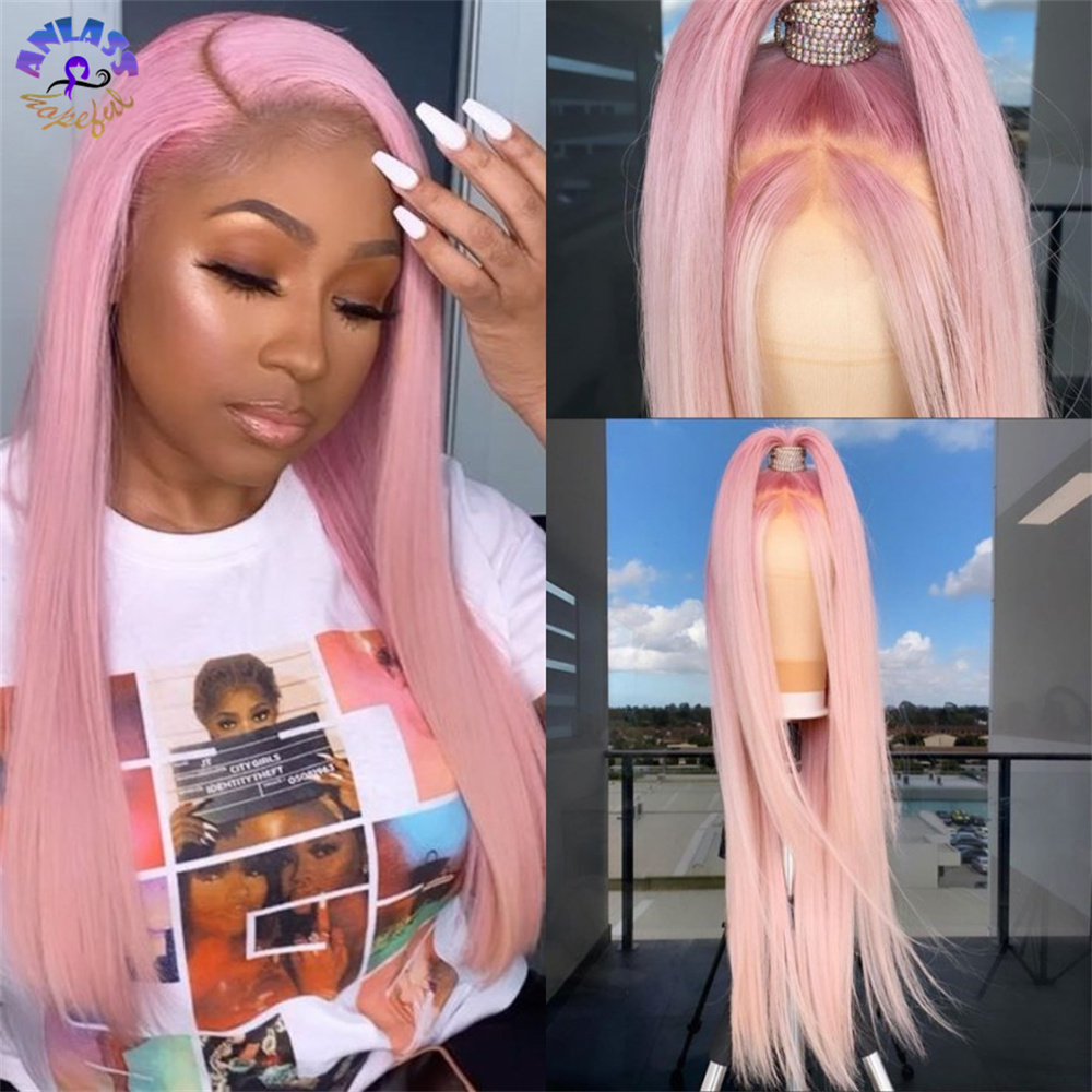 Pink Color Brazilian Silky Straight Lace Front Wigs For Women Synthetic Wig Preplucked With Baby Hair 180% Density Cosplay
