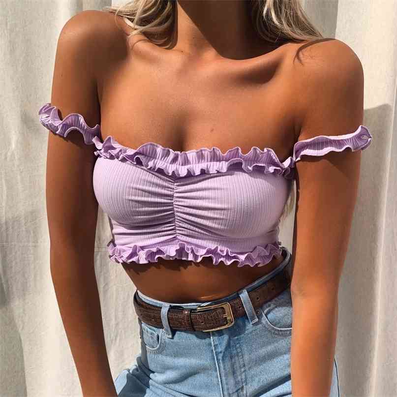 Cute Purple Off Shouler Crop Top Sexy Ruffles t shirtTube T-Shirt Tees For Women Summer Tank Tops Clothes 210607