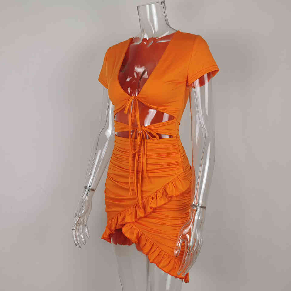 Karlofea New Summer Orange Everyday Wear Mini Dress Sexy High Cut Hollow Out Lace Up Ruched Wrap Dress Chic Ruffles Outfits 210331Z