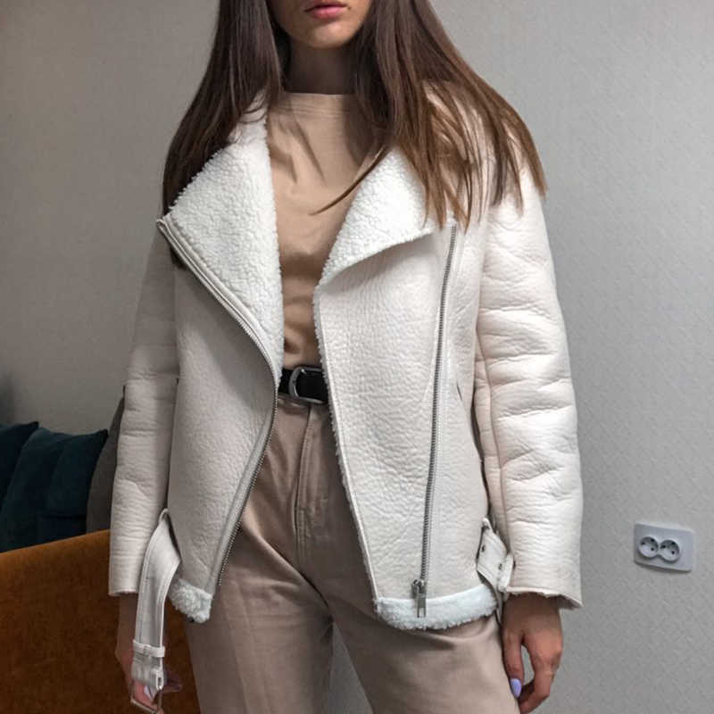 LY VAREY LIN Autumn Winter Lapel Long Sleeve Women Coat Loose Fit Black Pu Leather Thick Big Size Jacket 210526