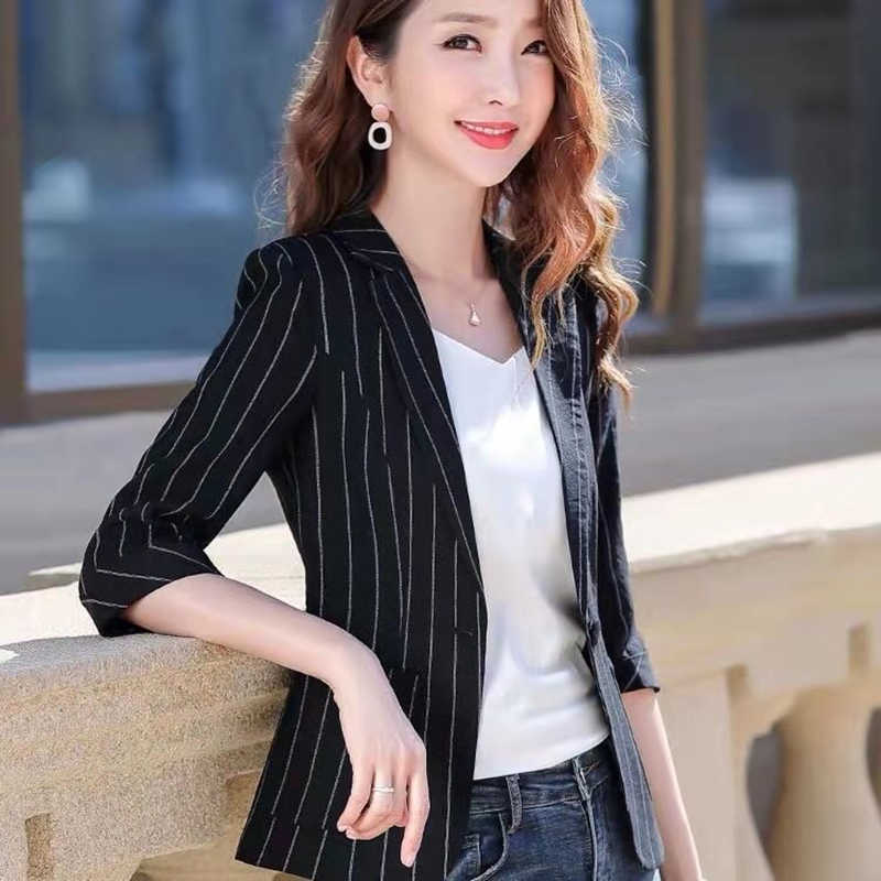 Spring Summer Women's Jacket Black White Striped Fashion Jackets Suit Three Quarter Sleeve Single Button Female Coat 210930