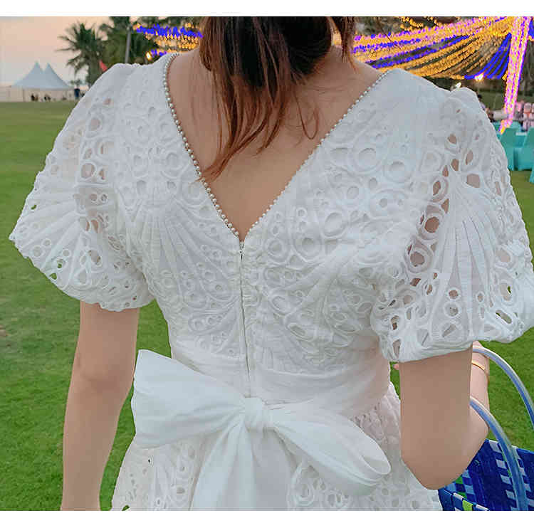White Embroidery Hollow Out Lace A-Line Dress Women V-Neck Puff Sleeve Single-Breasted High Waist Slim Beach Mini 210519