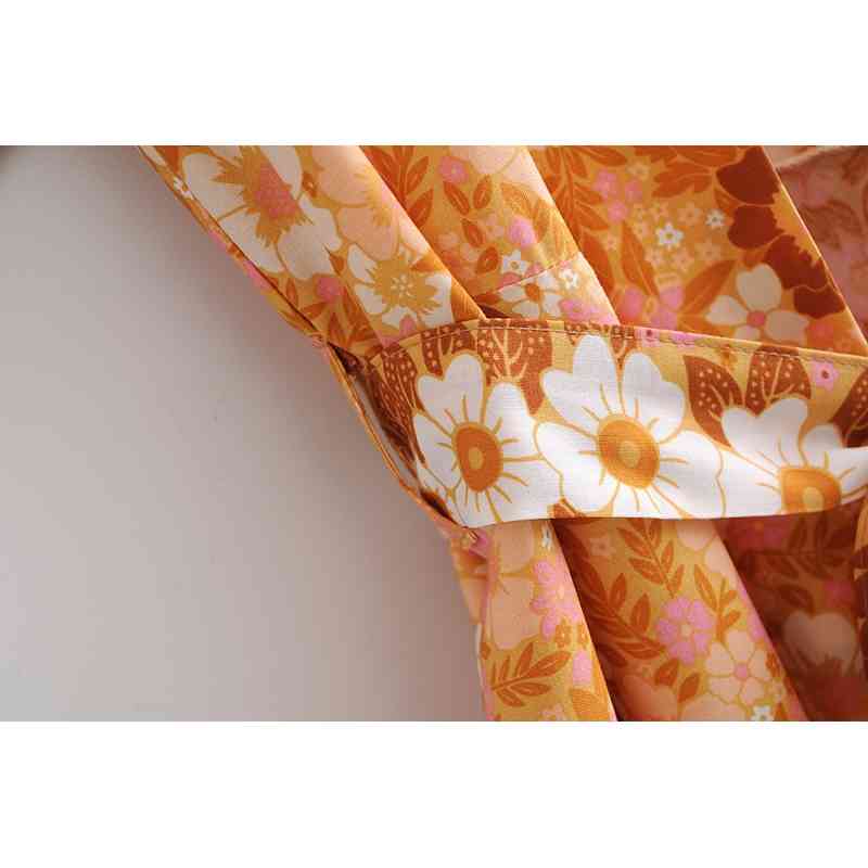 Bohemia V neck Orange Flower Print Maxi Long Kimono Shirt Ethnic Women Lacing up Bow Sashes Cardigan BOHO Loose Blouse Tops 210429