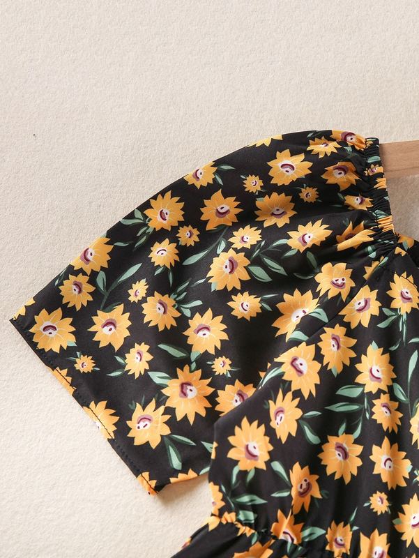 Girls Allover Floral Print Square Neck Ruffle Hem Dress SHE