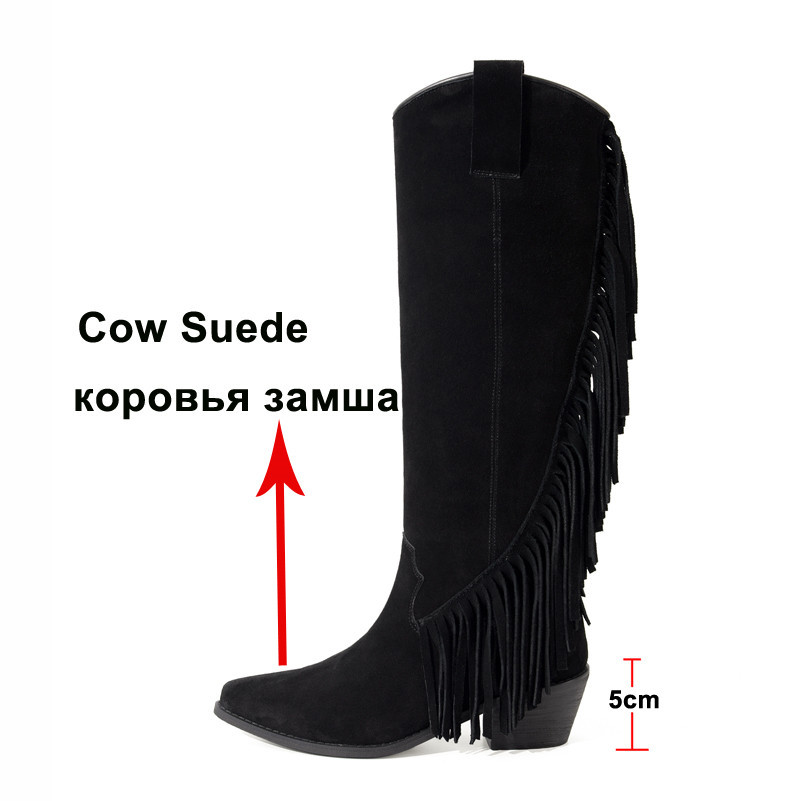 Real Leather Knee High Boots Woman Heel Western Thick Shoes Fringe Pointed Toe Ladies Long Black 210517
