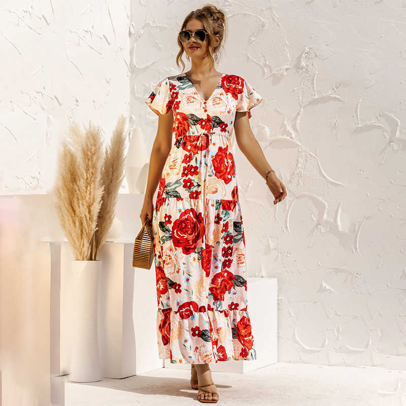 Boho Print V Neck Ruffle Short Sleeve Dress Women Casual Streetwear Beach Loose Big Swing Bandage Party Elegant Long Dresses 210608, White-1
Boho Print V Neck Ruffle Short Sleeve Dress Women Casual Streetwear Beach Loose Big Swing Bandage Party Elegant Long Dresses 210608, White-1