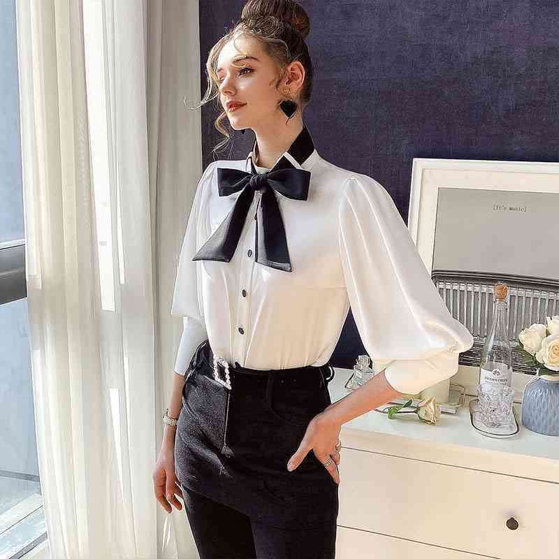 Dabuwawa Elegant Women Blouse Shirts Casual Office Lady Bow Tie Blouses Shirt Solid Work Wear Blusas Mujer Tops DO1AST027 210520