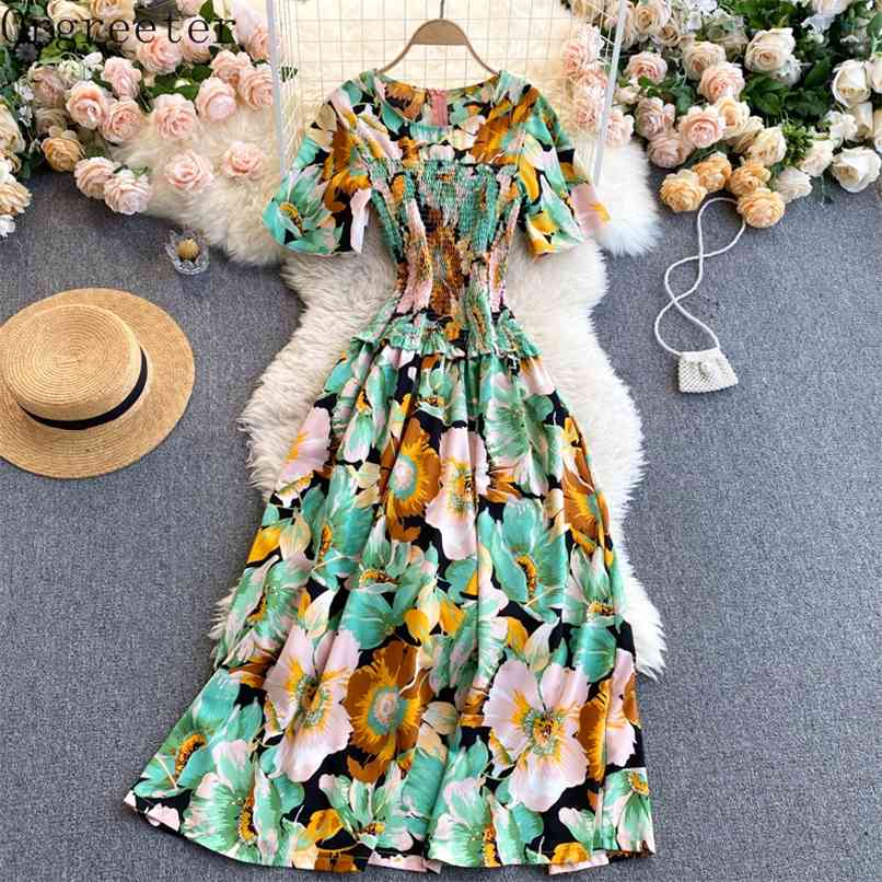 Chic Design Elastic Bust and Waist Flower Printted Long Dress Women Summer Short Sleeve Loose A-line 210602, Purple 
Chic Design Elastic Bust and Waist Flower Printted Long Dress Women Summer Short Sleeve Loose A-line 210602, Purple