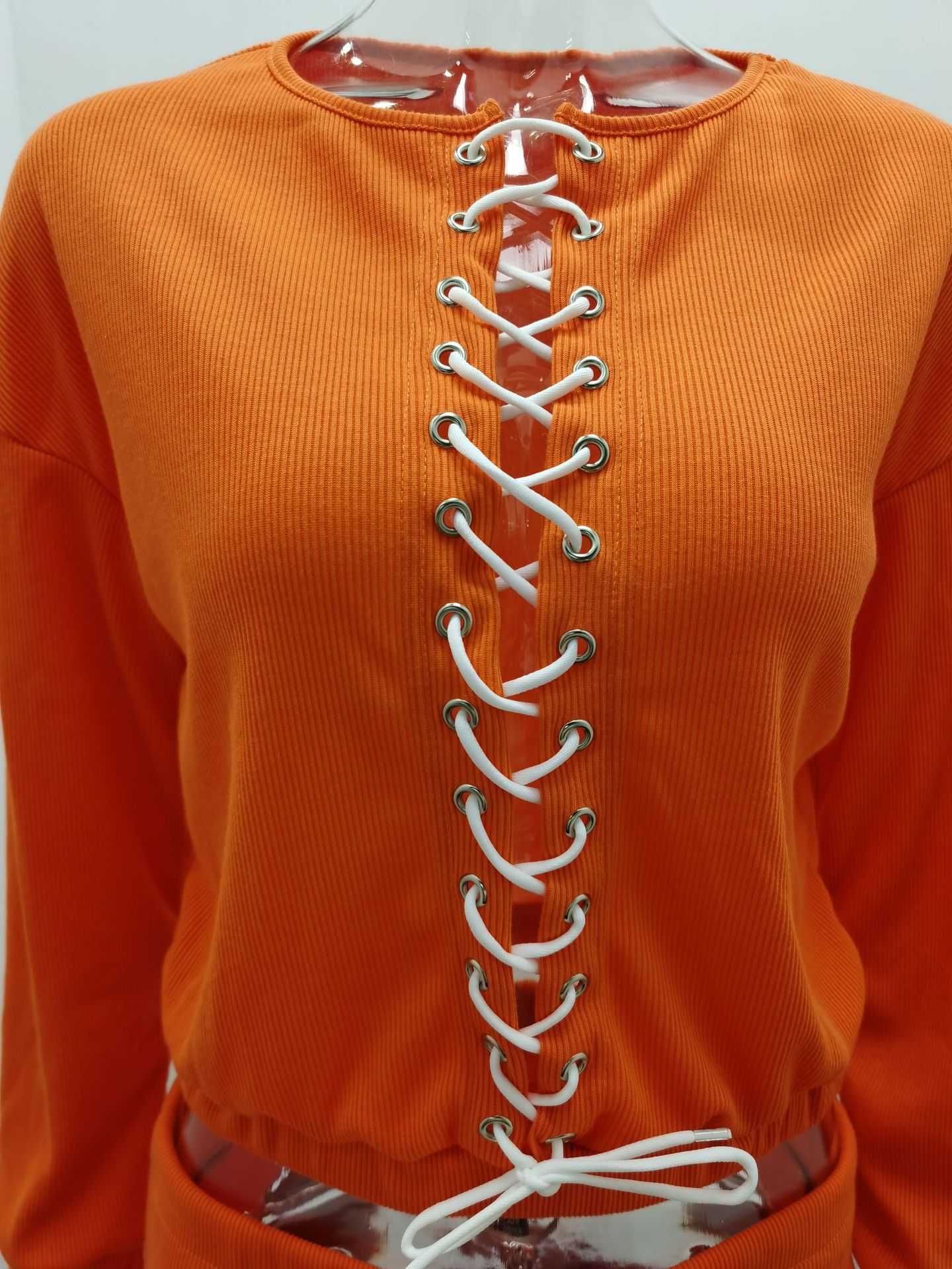 Women's Sets Autumn Winter O Neck Cross Bandage Short Tops+Elastic Waist Slim Pants Casual Sport Two Pieces Set Large Size 210526