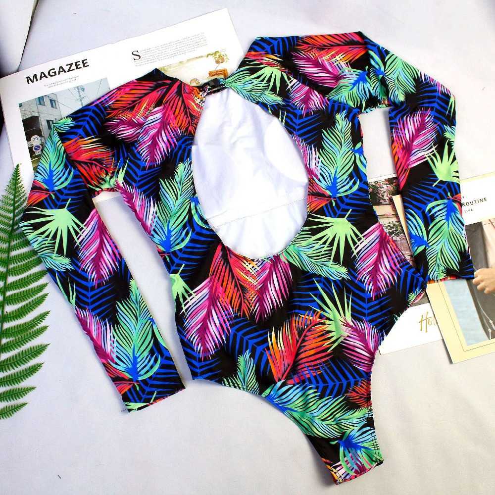 Rashguard Long Sleeve Swimsuit Print Surf Swimwear Women High Neck Bodysuit Swim Suits backless Monokini XL 210625