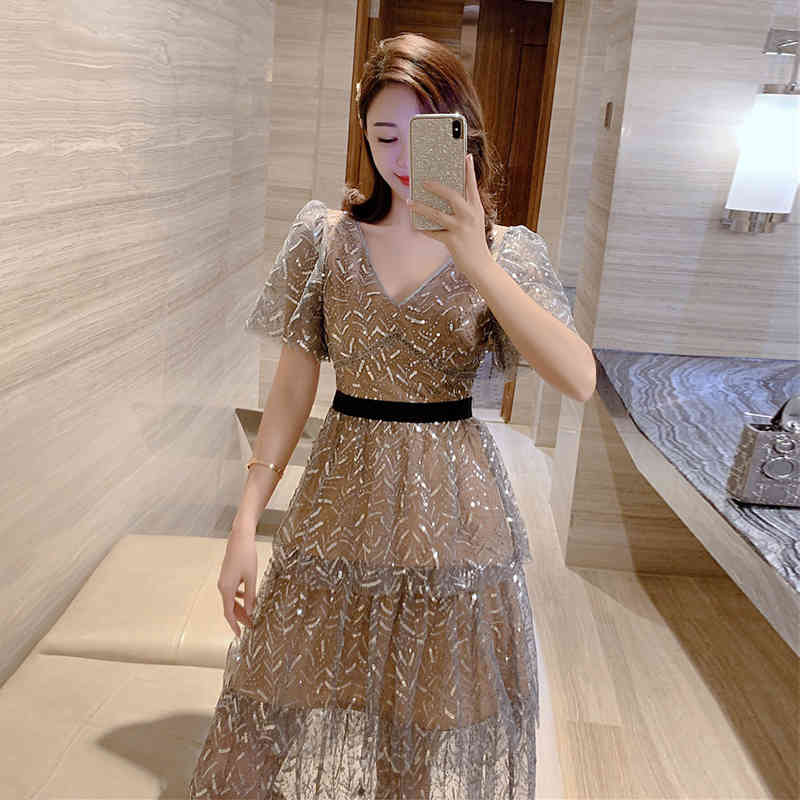 Arrive Summer Short Sleeve Sequin Midi Dress Sexy V-Neck High Quality Runway Long Dresses Vestidos 210520
