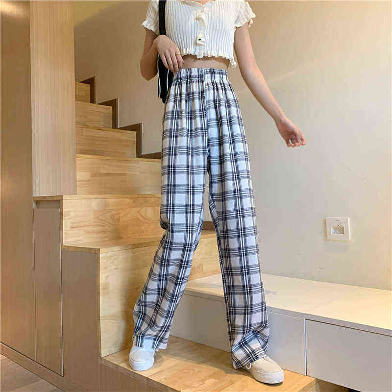 Checkered Pants for Women Vintage Plaid Fashion Korean Style Wide Leg Summer Blue Harajuku Oversized Trousers 211115