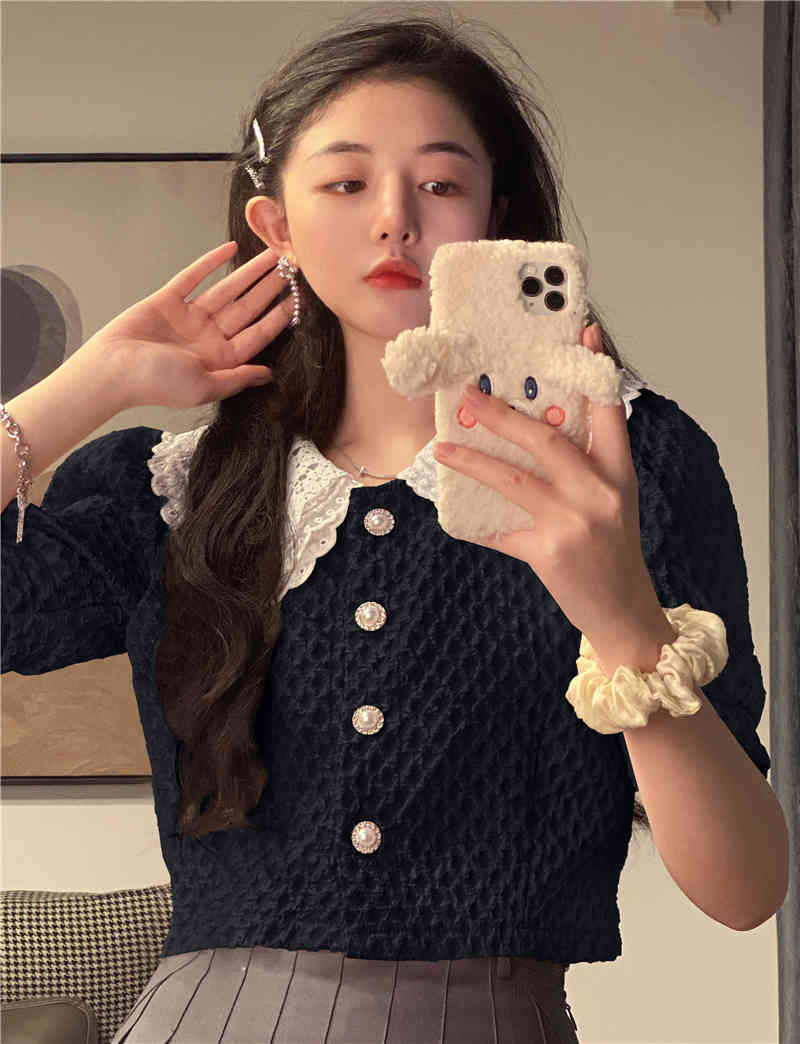 Sweet Pink Puff Short Sleeve Peter Pan Collar Patchwork Lace Shirts Women Summer Single-breasted Blouse Fashion Tops Chic 210429