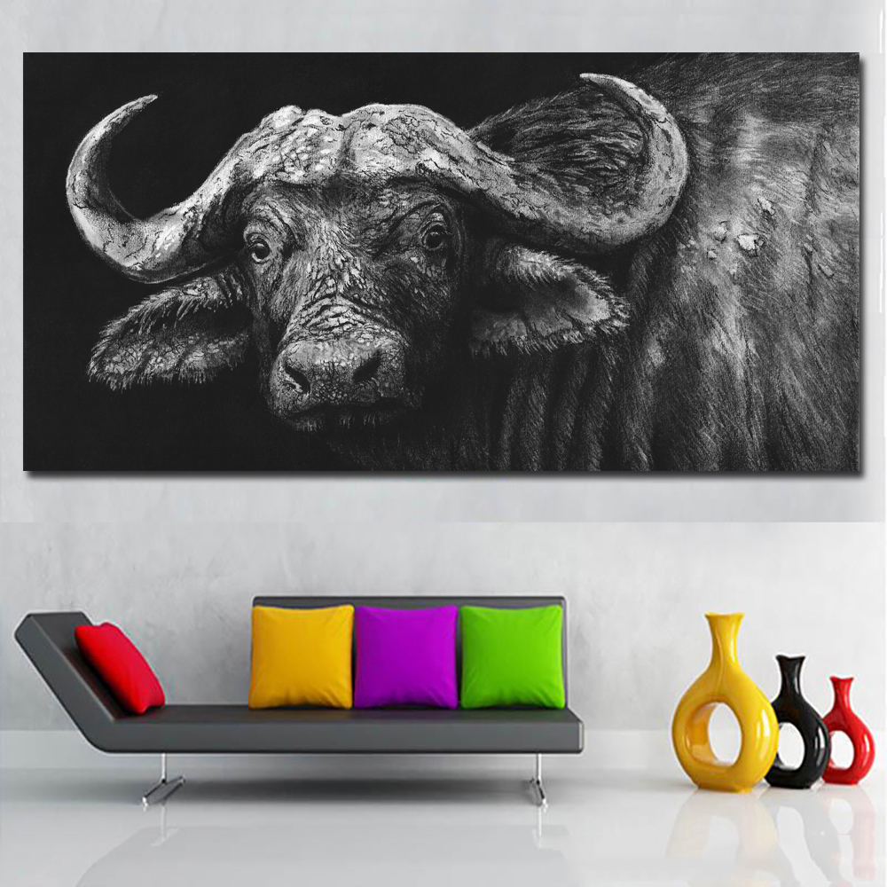 Modern wall art buffalo in charcoal cropped Black Painting Prints on canvas No frame Pictures Home Decor For Living Room