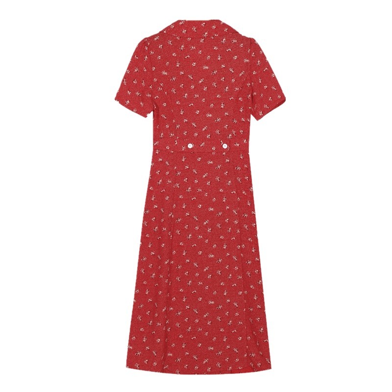France Fitted Vestidos Center Buttons Slit Flower Midi Dress Vintage Lapel Floral Print Short Sleeve Summer 210429