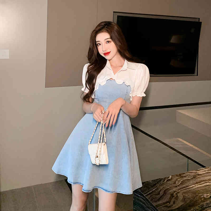Summer 2-Piece Set Fashion Short Ruffles Blouse And Suspenders Denim A-Line Dress Women Female Suit 210519