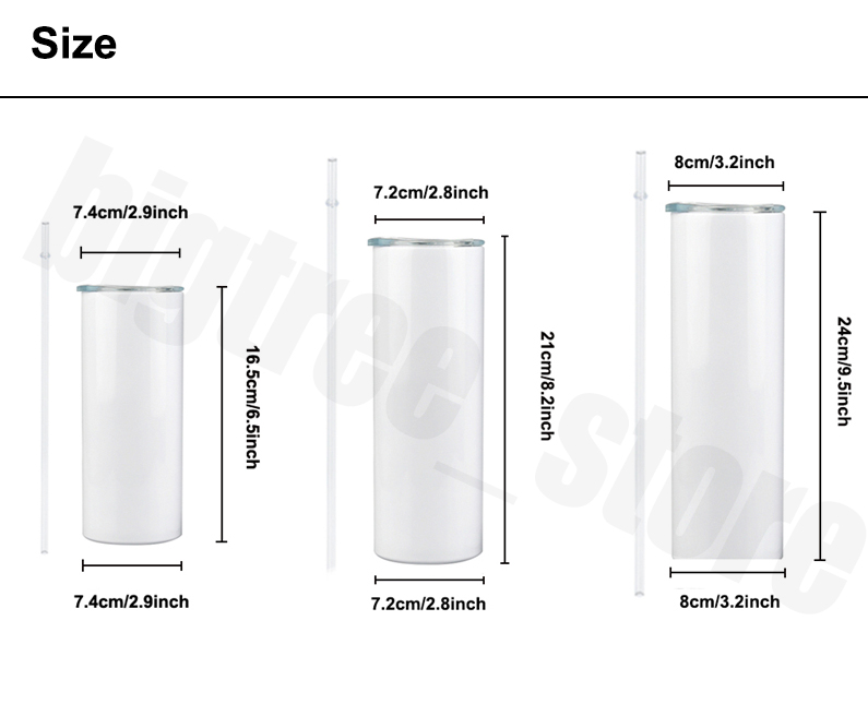US warehouse 15-30oz Sublimation Straight Tumbler with Straw Blanks Stainless Steel Glossy Cup Water Bottle Double-Wall Vacuum Insulated Mug Fast Loca
