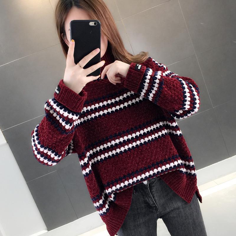 Turtleneck Sweater Women's Loose Outerwear Autumn And Winter Rainbow Stripe Gold Velvet Chenille Pullover Shirt 210427
