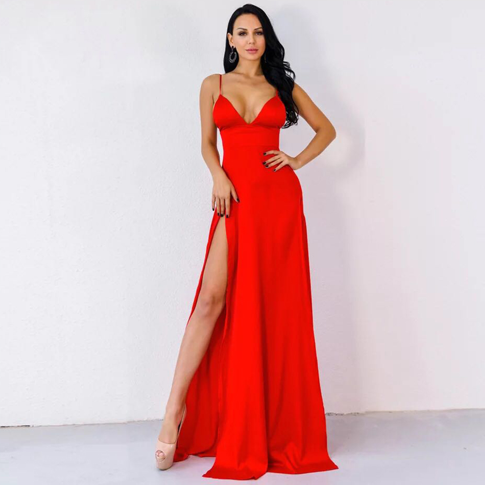 Free Women Red Long Dress Sexy V-neck Spaghetti Strap Sleeveless Split A-line Club Runway Vestidos 210524