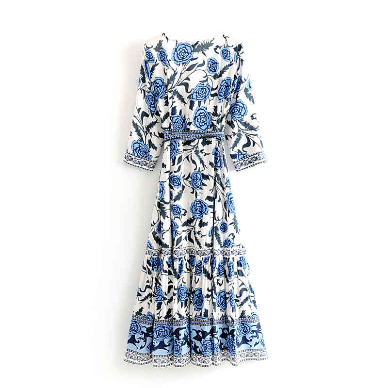 beauty Boho Vintage Floral Printed Maxi Dress Women Holiday Chic Sashes Beach Wrap Long Dresses Vestidos De Verano 210514