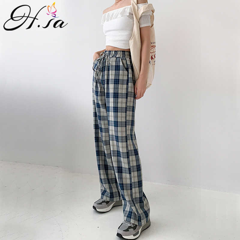 H.SA Wide Leg Pants Women Long Floor Trousers Elestic Tie Waist Plaid Loose Wide Leg Trouser Retro Streetwear Straight Trousers 210716