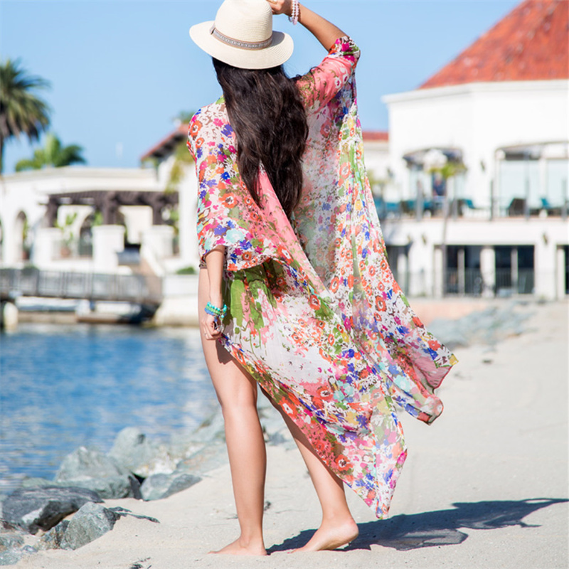 Beach Cover up Tunics for Print Chiffon Long Kaftan Bikini Robe de Plage Sarong Wrap Swimsuit cover Q466 210420