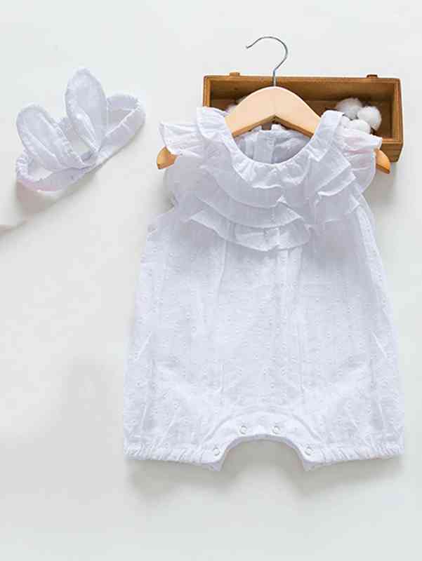 Baby Solid Swiss Dot Ruffle Trim Romper With Headband SHE