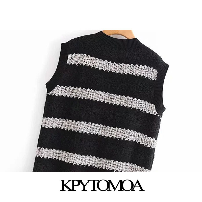 Women Fashion Patchwork Striped Loose Knitted Vest Sweater V Neck Sleeveless Female Waistcoat Chic Tops 210420