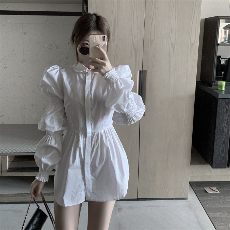 Two Pieces Set Korea Chic Turn Down Collar Puff Long Sleeve White Shirt + single-breasted Vest Sweet Suit Women 210519