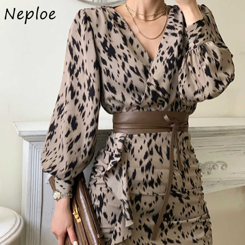 Vintage Leopard Pattern Temperament Ol Dress Women High Waist Hip Bodycon Vestidos French Slim Sashes Robe Spring 210422