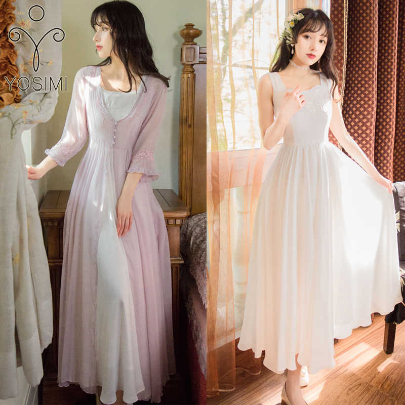 YOSIMI Summer White Dress Chiffon Two Piece Outfits Set Fraiy Long Women Embroidery Ankle-Length Party Elegant 210604, Light purple