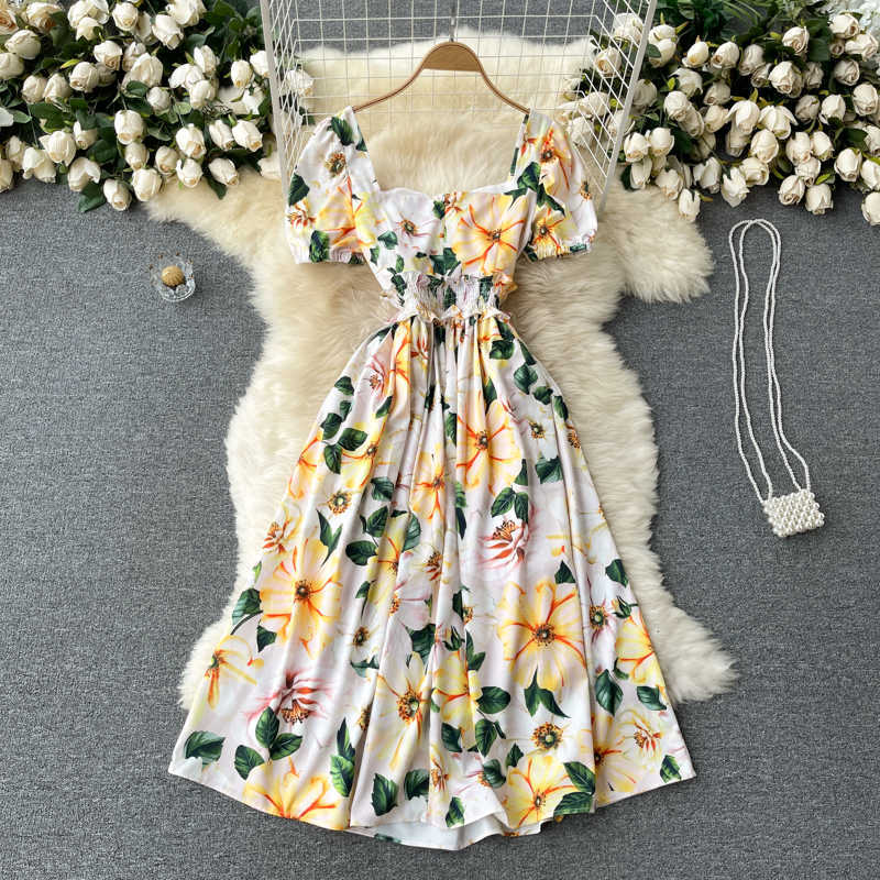 DEAT Women Printing Pleated Midi-long Dress Square Collar Short Sleeve Temperament Fashion Spring Summer 11D609 210709