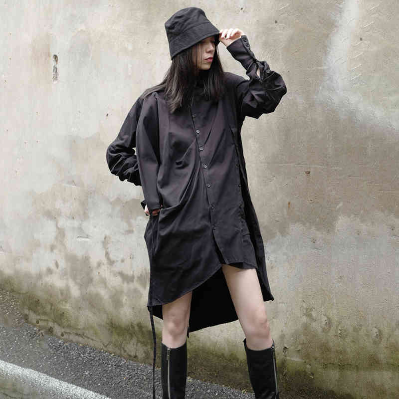Asymmetry Shirt Dress Women's Summer Laple Loose Single Breasted Bandage Long Sleeve Mini Dresses Female 210427