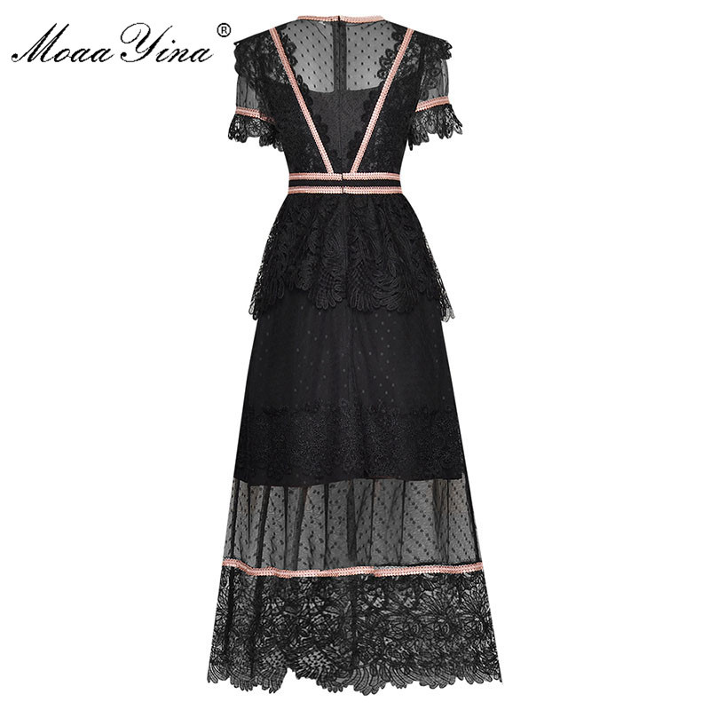 Fashion Runway dress Summer Women's Dress Short sleeve Mesh Patchwork Ruffles Black Slim Elegant Dresses 210524