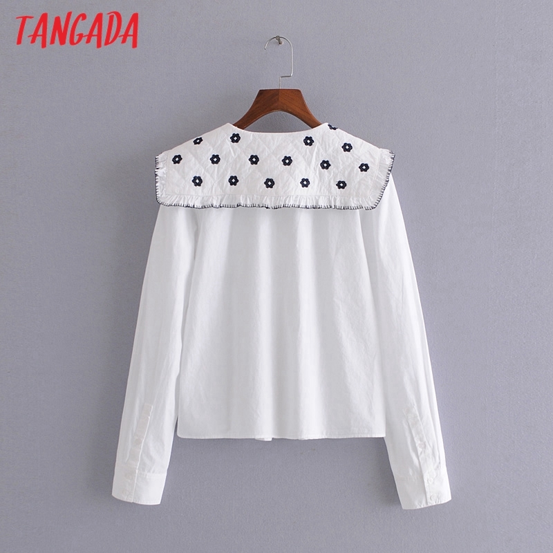 Women Retro Flowers Embroidery Oversize Collar Long Sleeve Chic Female Blouse Shirt Tops 3H51 210416