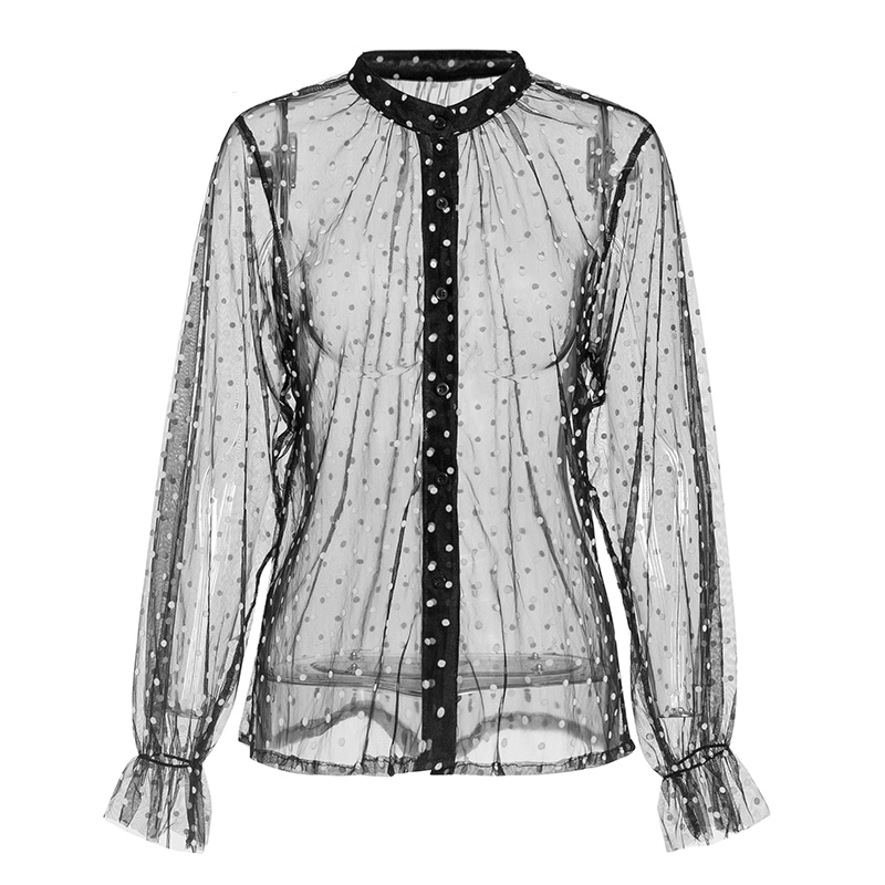 Mesh Women Tulle Blouse Shirt Polka Dot Female Black Tops Button Puff Sleeve Vintage Top Sexy Sheer 210427