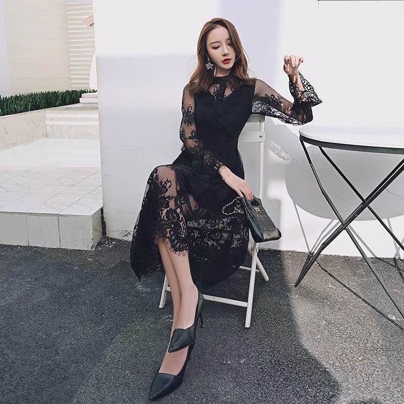 Summer Spring Mesh See Through Lace Black Dress Women Vintage Casual Midi Long Dresses Streetwear de fiesta Plus Size 2X 210421