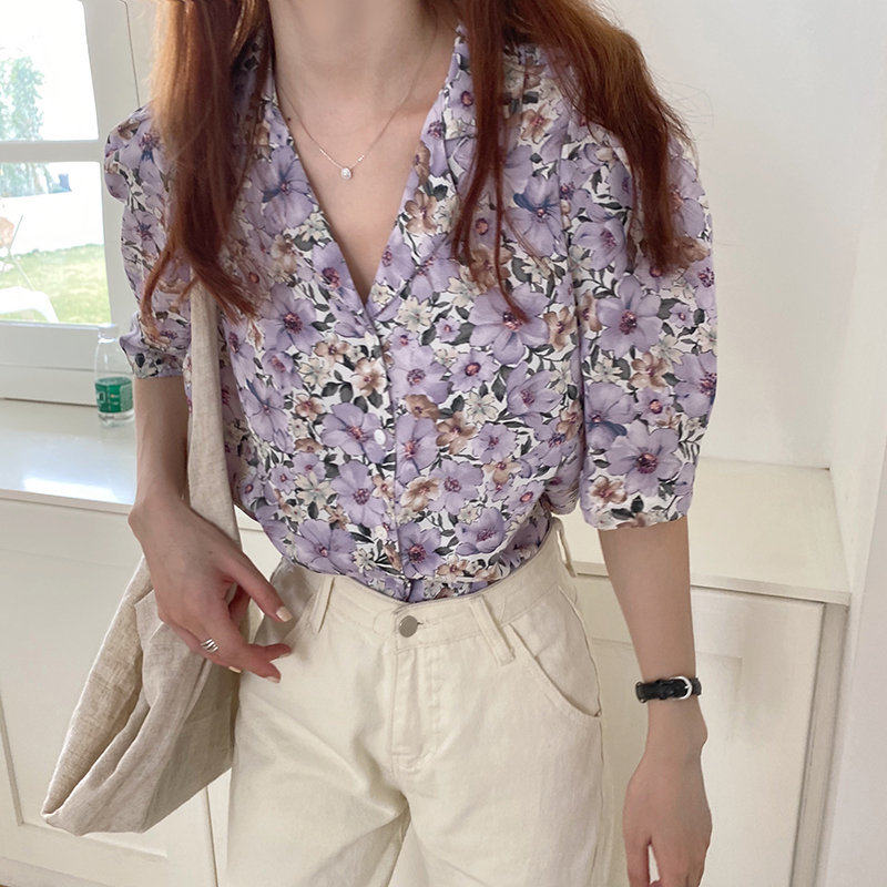 Office Lady Streetwear Florals Sweet Fashion Thin Shirt Puff Sleeves All Match Loose Women Tops Blouses 210421