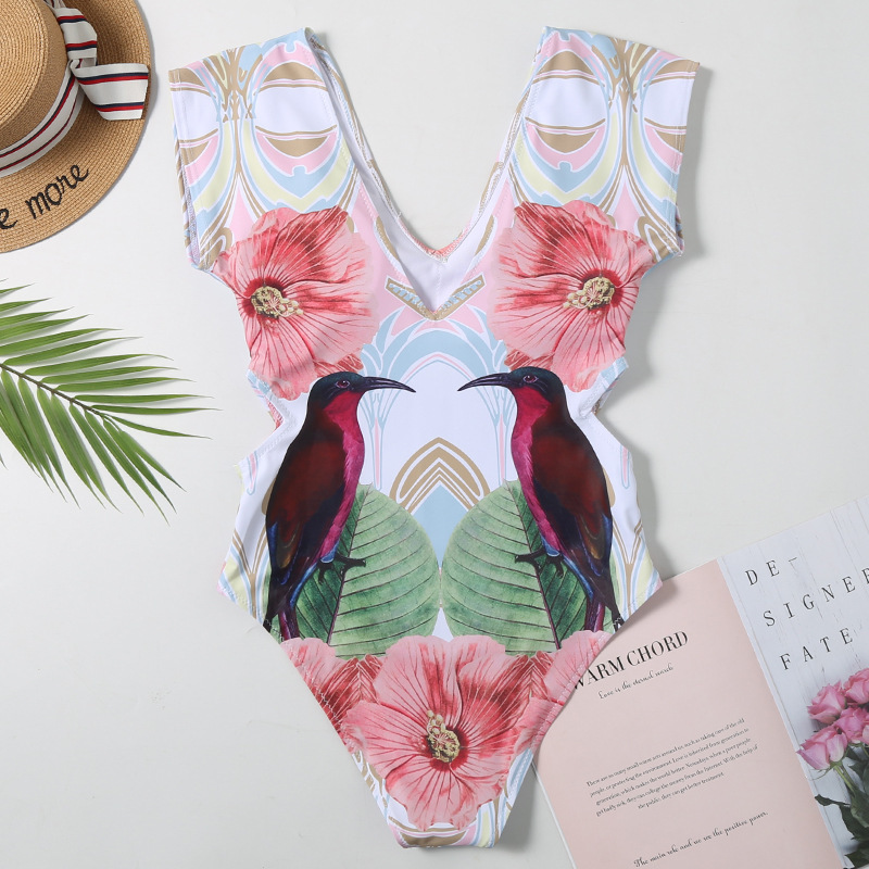 Sexy Cap Sleeve Swimsuit Women Swimwear Bird Print Bodysuit Summer Beach Bathing Suit Monokini Swim Wear S~XL 210520