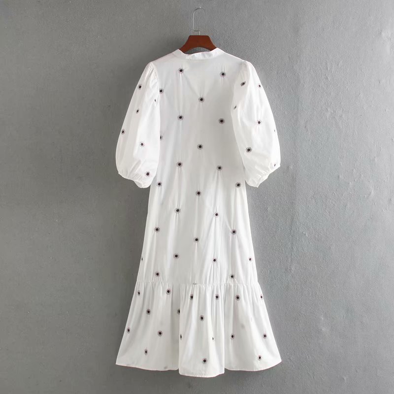women vintage lantern sleeve flower embroidery midi shirtdress female hem pleats vestidos chic casual loose dresses DS3436 210409