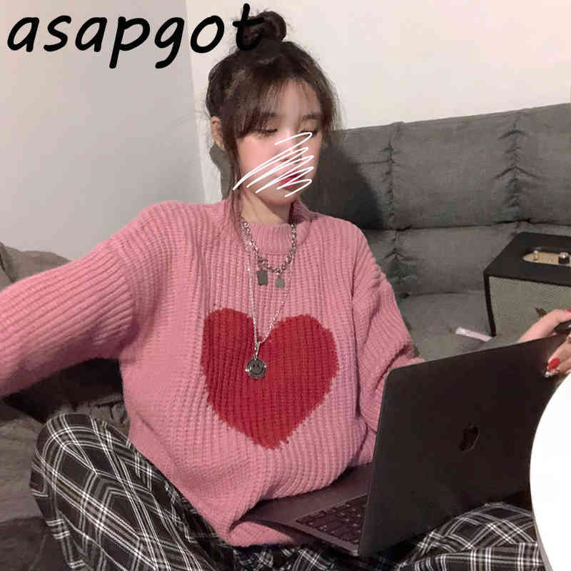 Sweaters&Jumpers Women's Clothing Chic Fashion Sweet O Neck Long Sleeve Love Heart Print Pullovers Sweater Casual Pull Femme 210429