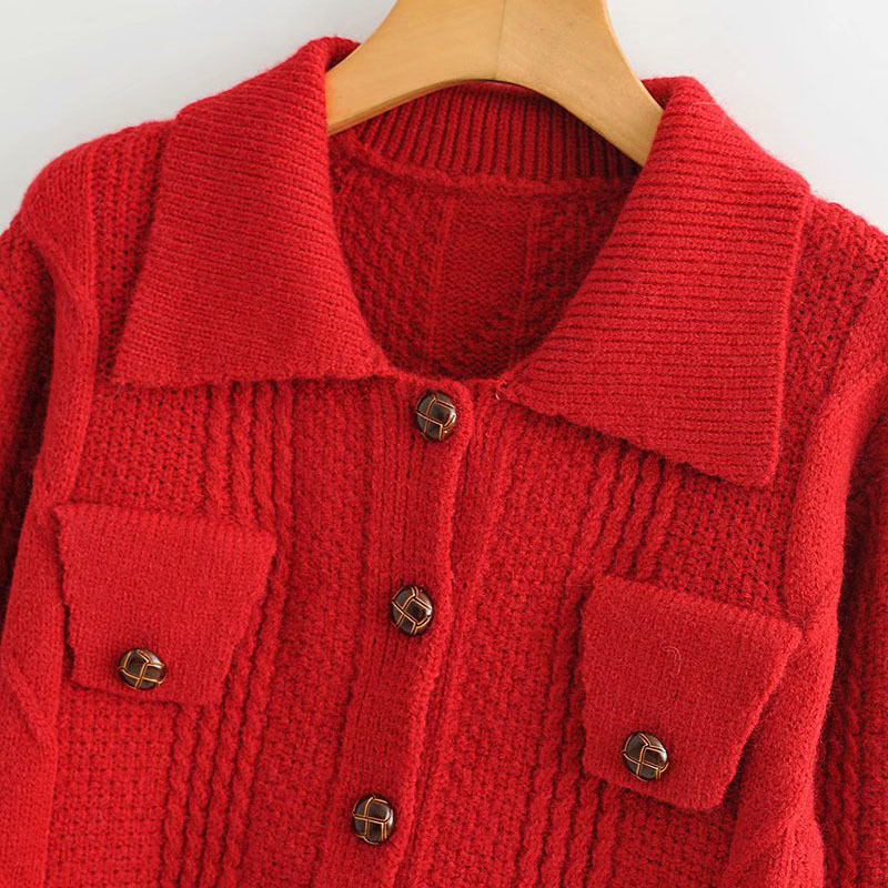 Korean Style Lapel Long Sleeve Single Breasted Slim Knit Women's Sweater Harajuku College Style Stylish Red Chic Female Cardigan 210507