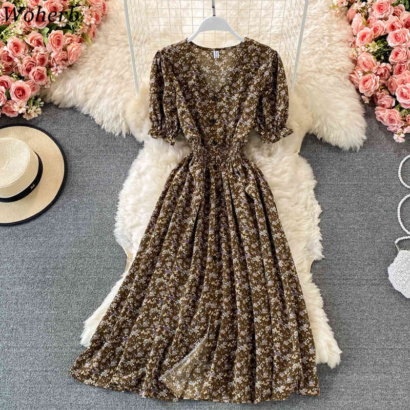 Summer Floral Printed Midi Dress Women Vintage Slim-wasit V-Neck Short Sleeve High Waist Vestido Female Elegant Robe 210519