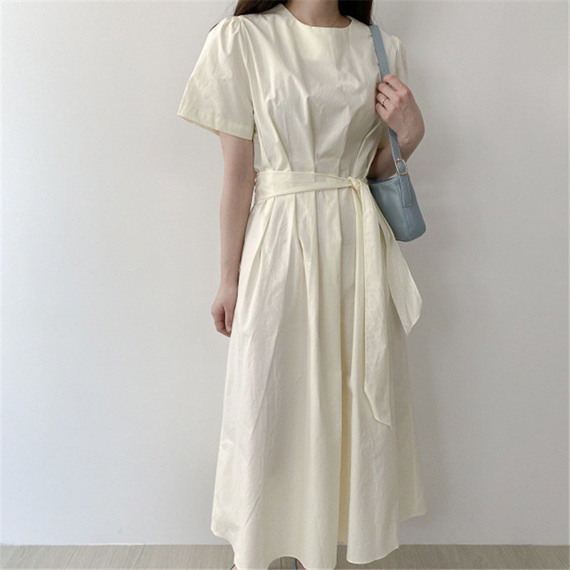 Summer Fresh Pleated Lace Up Thin Cotton Dress Minimalist Woman All Match Stylish Chic A-line Solid Dresses 210421