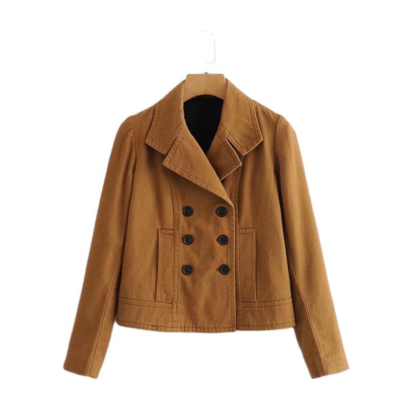 Women Spring Style Lapel Long-sleeved Double-breasted Short Jacket Coat Vintage Pure Color Temperament Chic Female Tops 210507