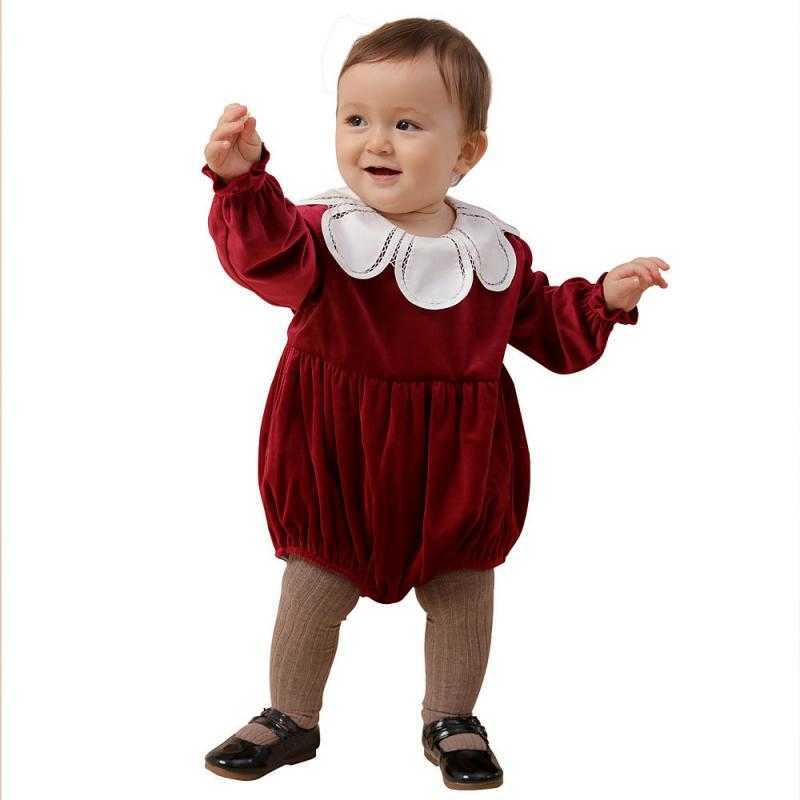 Smocked Romper For Baby Boy Girls Year Outfit Toddler Girl Velvet Boutique Jumpsuit Petal Collar infant Smocking Clothes 210615