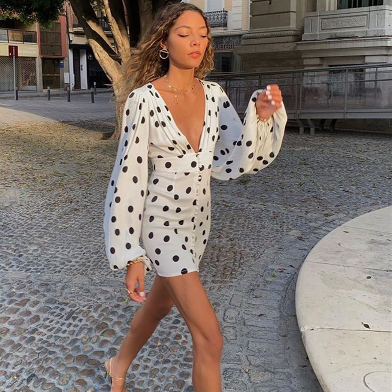 Long Sleeve Elegant Polka Dot Women Dress Print White Female Mini Dress Sexy Deep V Neck Party Dress Vestido De Mujer 210415